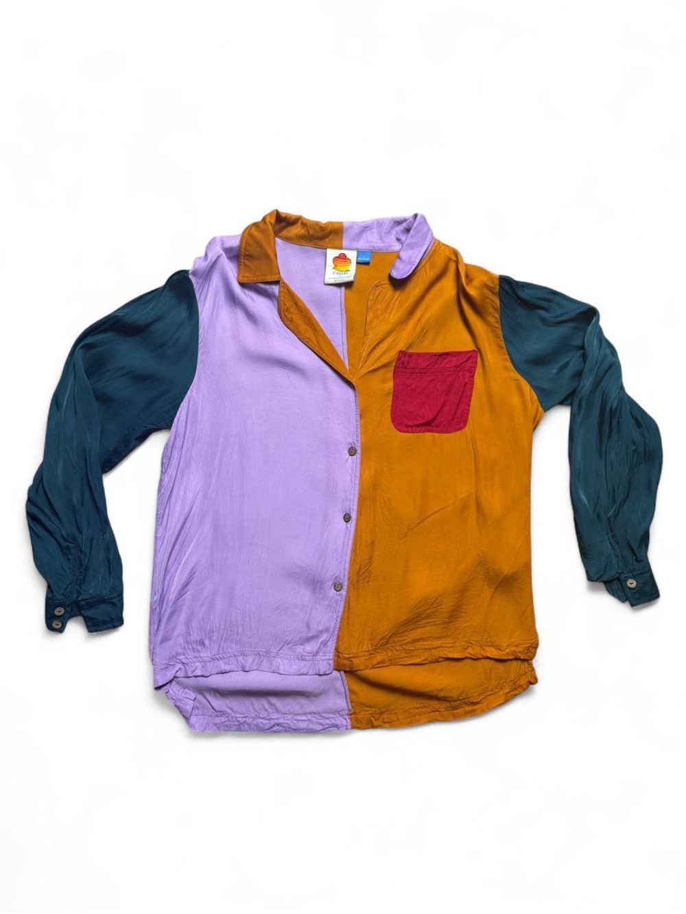 FARM Rio Colorblock Button-Up Blouse in Orange, Teal, Lavender & Red - Large - Picture 3 of 8